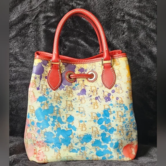 Dooney & Bourke Multicolor Splat Print Drawstring Tote with Red Trim - Picture 9 of 9